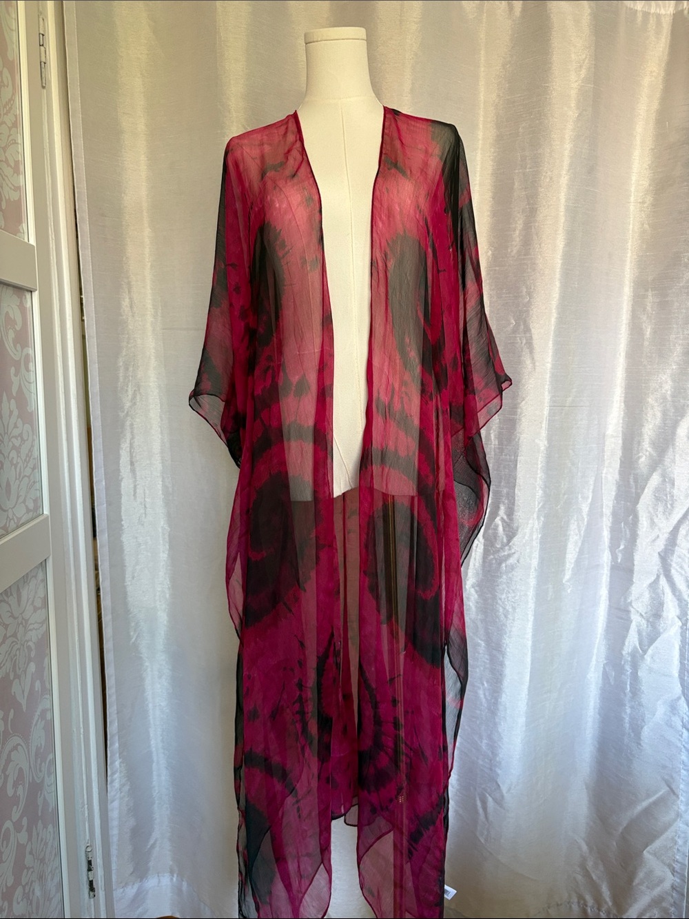 Sheer Magenta and Black Tie-Dye Swim Cover-Up Kimono
